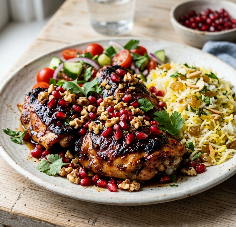 Pomegranate-Glazed Chicken Thighs with Walnuts