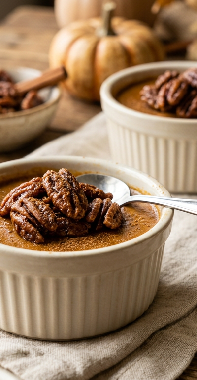Spiced Pumpkin Custard Cups with Candied Pecans