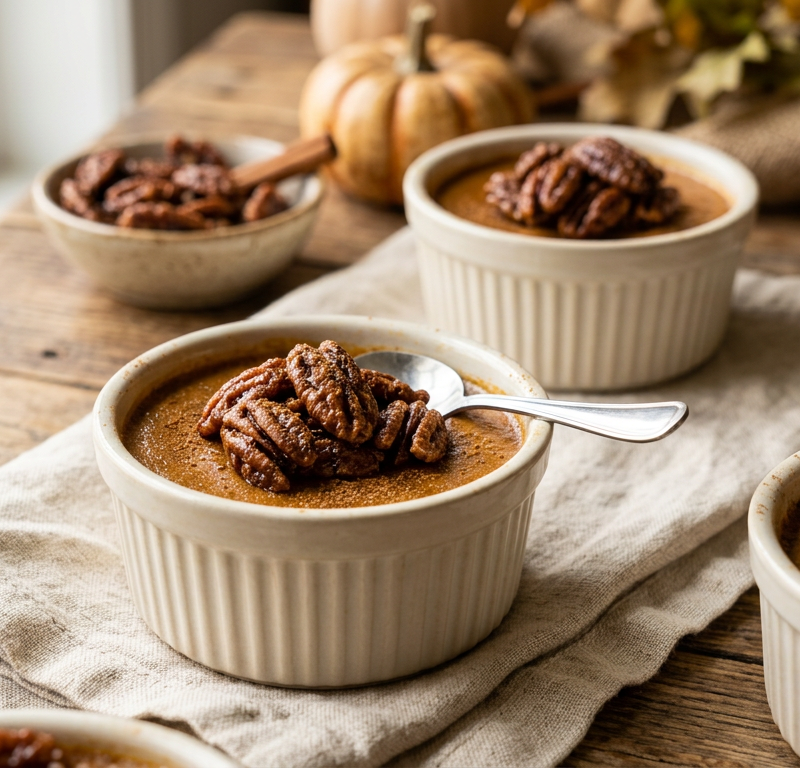 Spiced Pumpkin Custard Cups with Candied Pecans