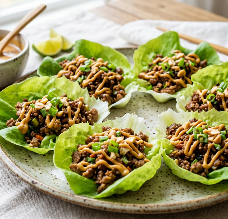 Garlic-Ginger Turkey Lettuce Cups with Peanut-Lime Drizzle