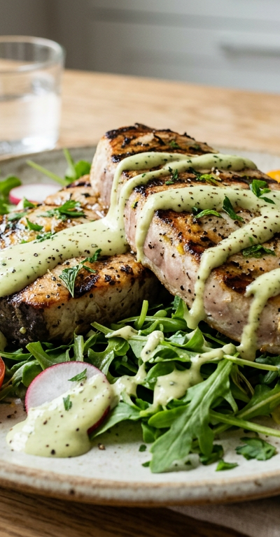 Grilled Swordfish with Avocado-Tahini Drizzle