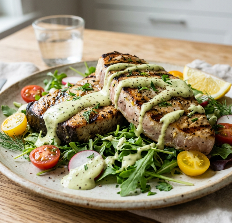 Grilled Swordfish with Avocado-Tahini Drizzle