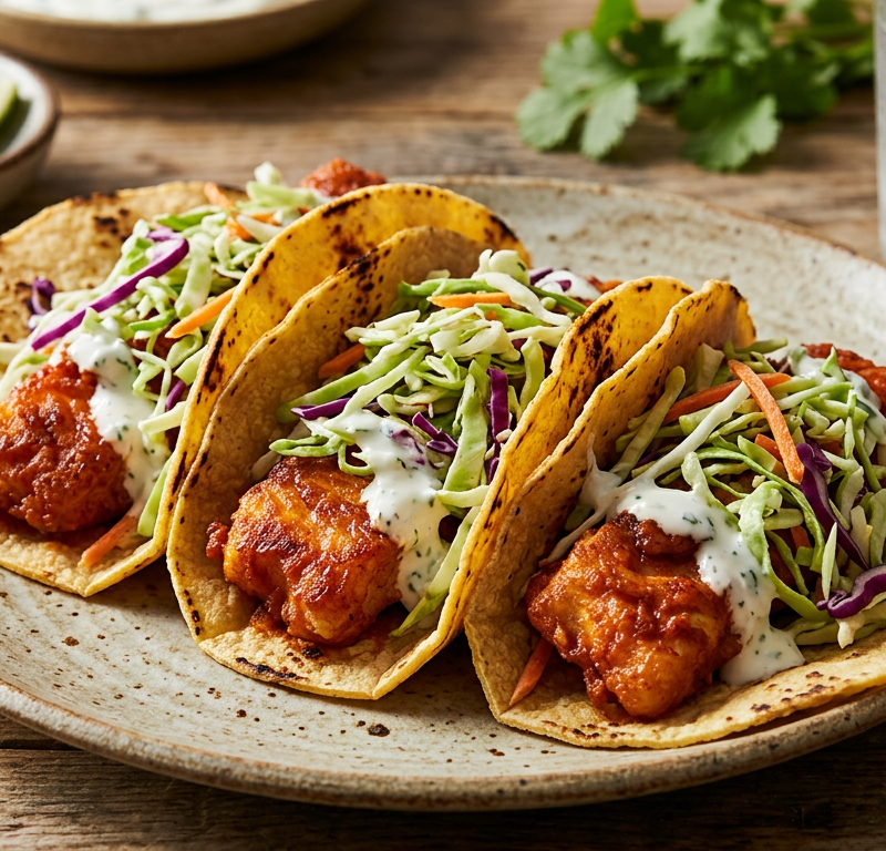 Crispy Buffalo Fish Tacos with Lime Slaw
