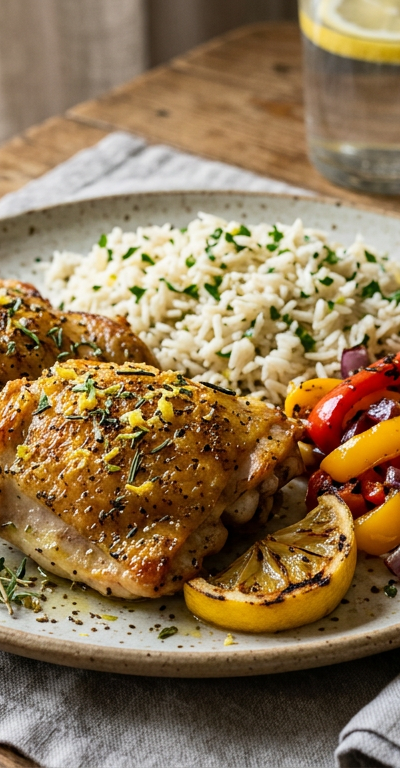 Lemon-Herb Baked Chicken Thighs with Rice and Roasted Bell Peppers
