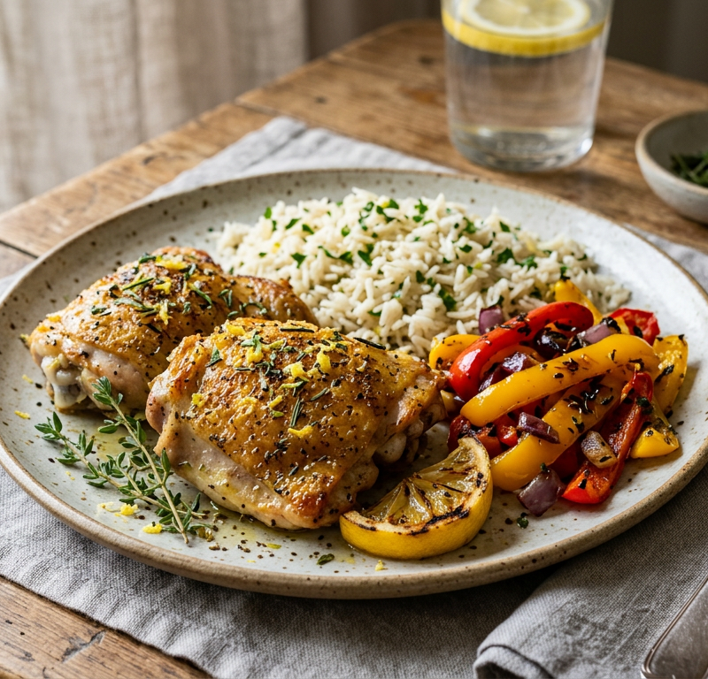 Lemon-Herb Baked Chicken Thighs with Rice and Roasted Bell Peppers