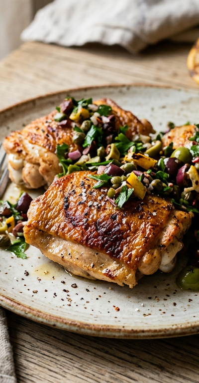 Crispy Skin Chicken Thighs with Charred Lemon and Olive Salsa
