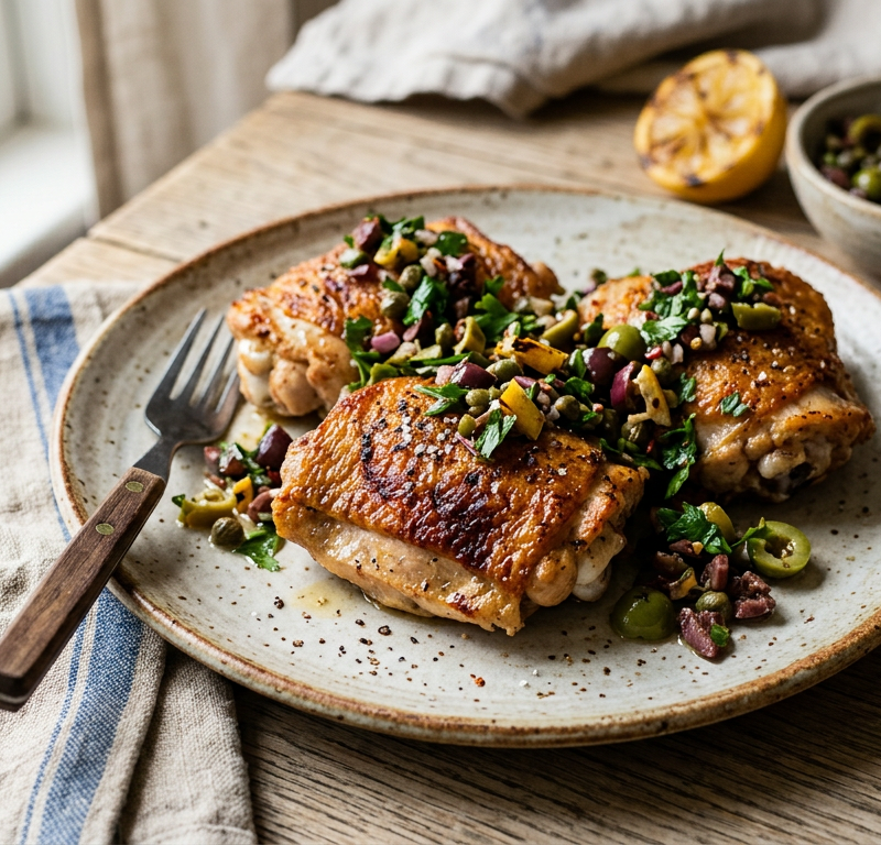 Crispy Skin Chicken Thighs with Charred Lemon and Olive Salsa