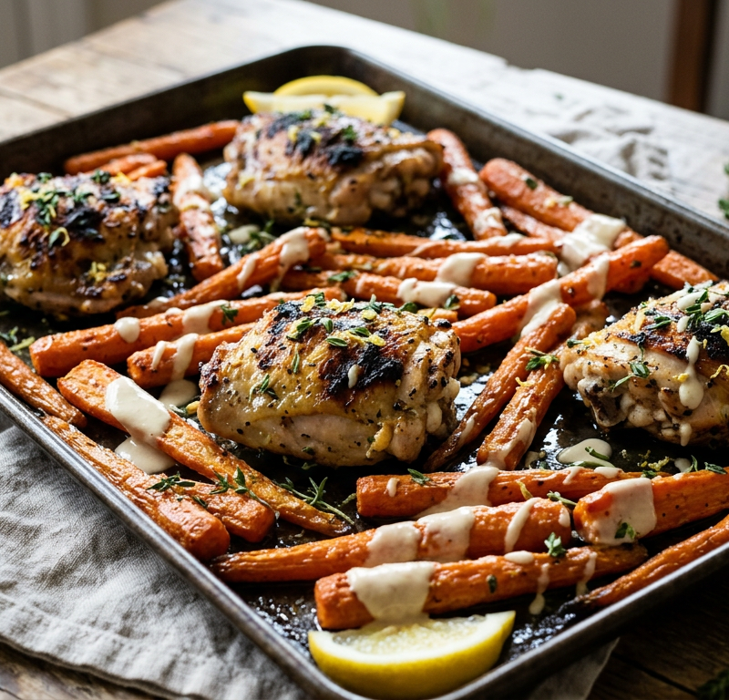 Grilled Lemon-Thyme Chicken and Carrot Sheet-Pan Dinner with Tahini Drizzle