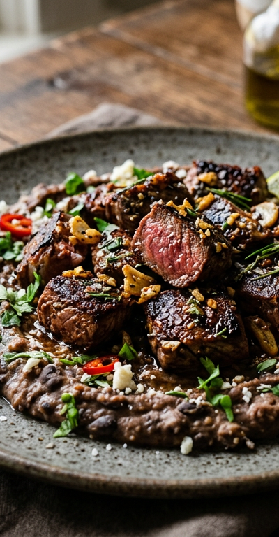 Garlic-Crusted Steak Bites with Spiced Black Bean Mash