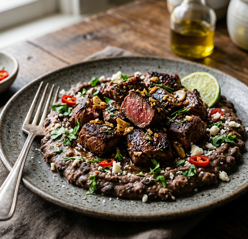 Garlic-Crusted Steak Bites with Spiced Black Bean Mash