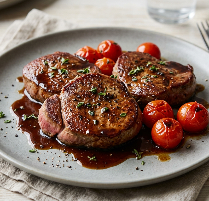 Seared Lamb Leg Medallions with Fig-Balsamic Pan Jus and Blistered Cherry Tomatoes