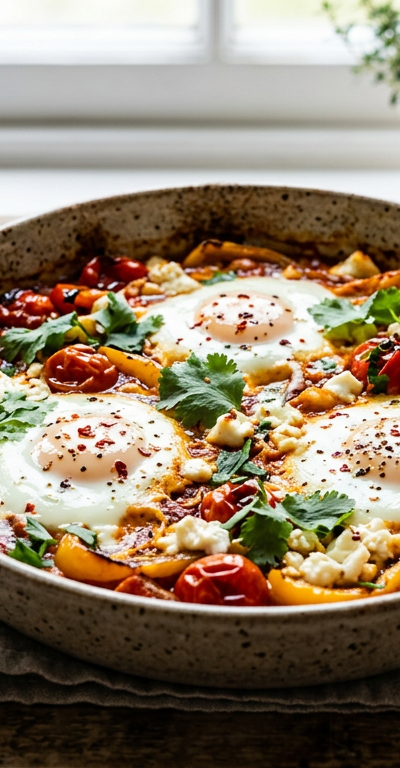 Spiced Baked Eggs with Roasted Peppers and Feta