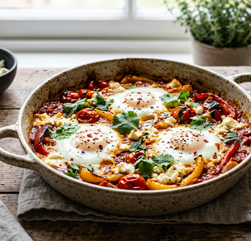 Spiced Baked Eggs with Roasted Peppers and Feta