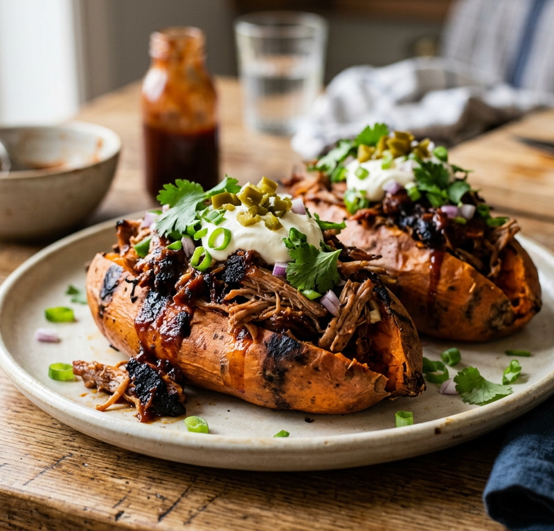 BBQ Pulled Pork Stuffed Sweet Potatoes