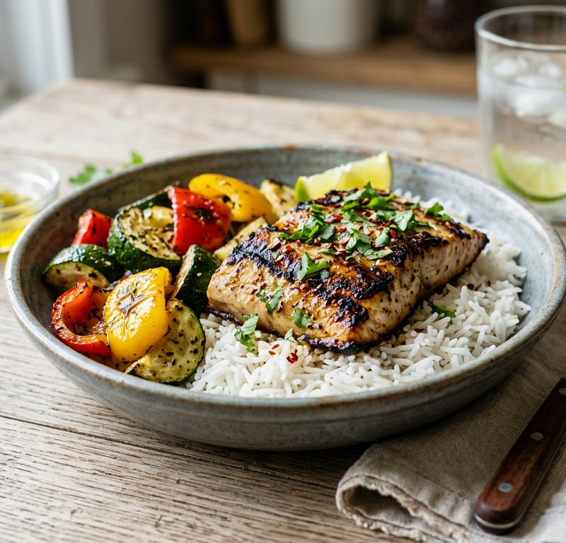 Grilled Garlic-Lime Mahi Bowl with Charred Zucchini and Peppers