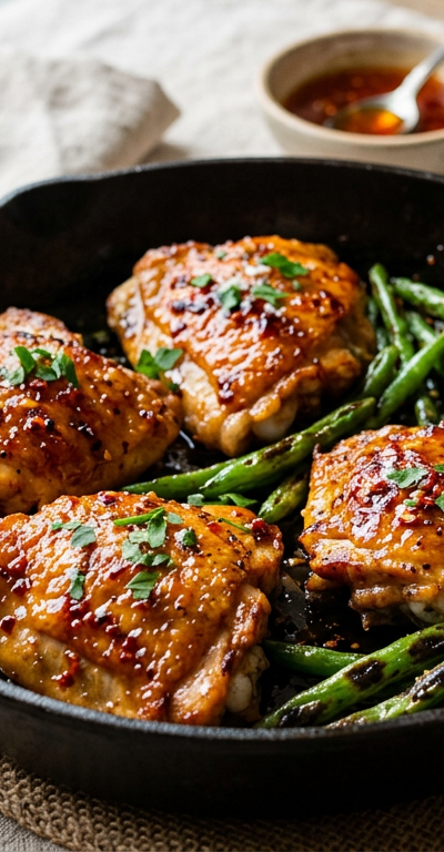 Hot Honey Chicken Thigh Skillet with Charred Green Beans