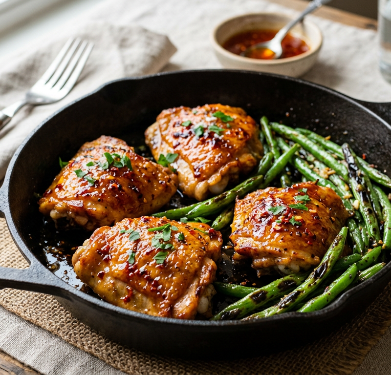 Hot Honey Chicken Thigh Skillet with Charred Green Beans