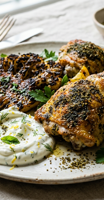 Za'atar-Crusted Chicken Thighs with Charred Cauliflower Steaks