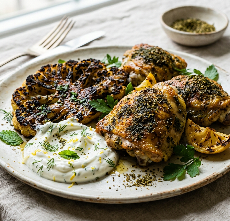 Za'atar-Crusted Chicken Thighs with Charred Cauliflower Steaks