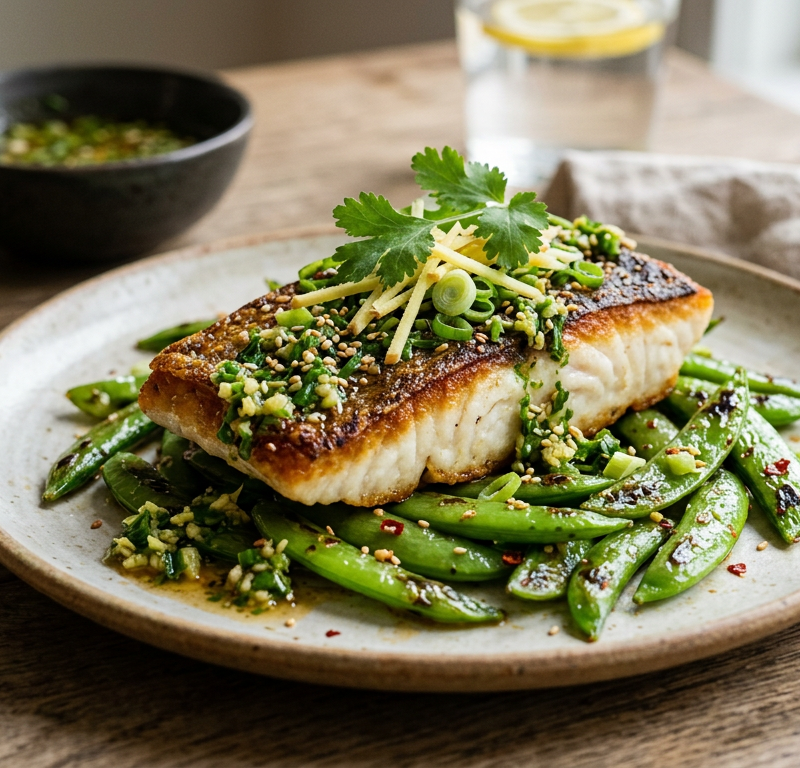 Crispy Skin Sea Bass with Ginger-Scallion Sauce and Snap Peas