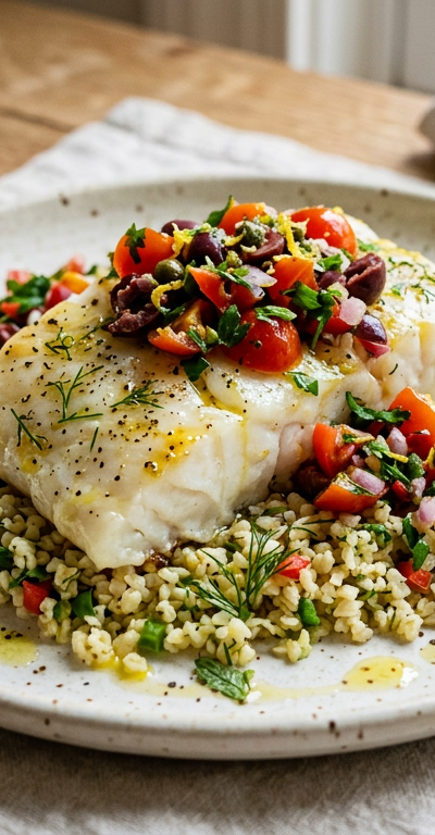 Baked Cod with Tomato-Olive Relish & Herbed Bulgur