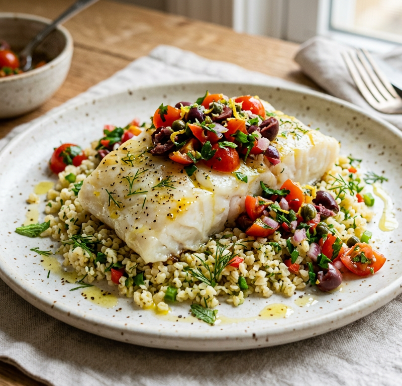 Baked Cod with Tomato-Olive Relish & Herbed Bulgur