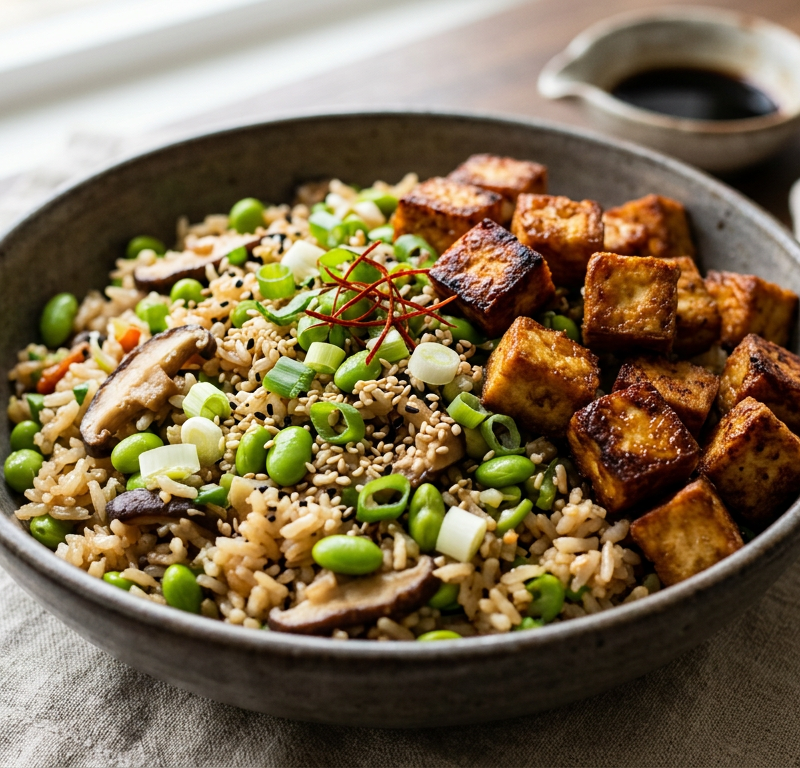 Edamame & Toasted Sesame Fried Rice with Crispy Tofu