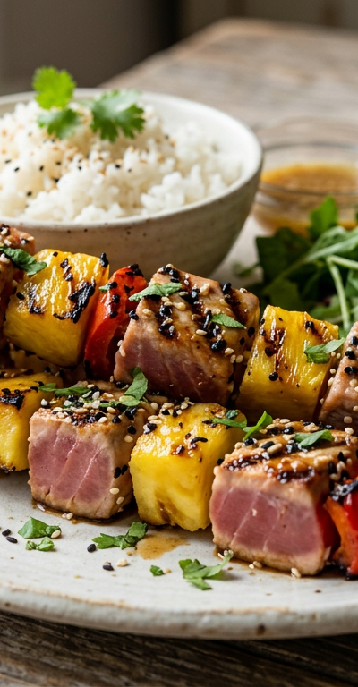 Sesame-Ginger Tuna Skewers with Grilled Pineapple
