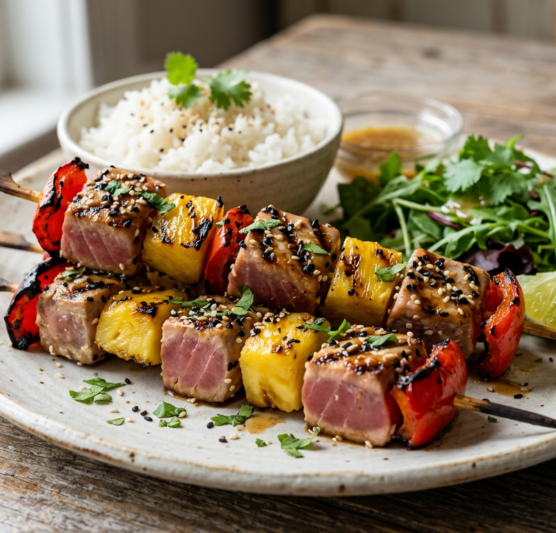 Sesame-Ginger Tuna Skewers with Grilled Pineapple