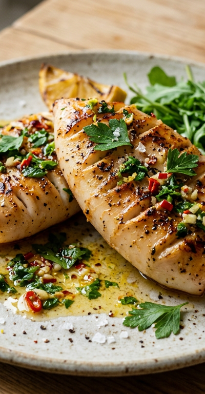 Garlic-Chili Squid Steaks with Lemon Parsley Oil