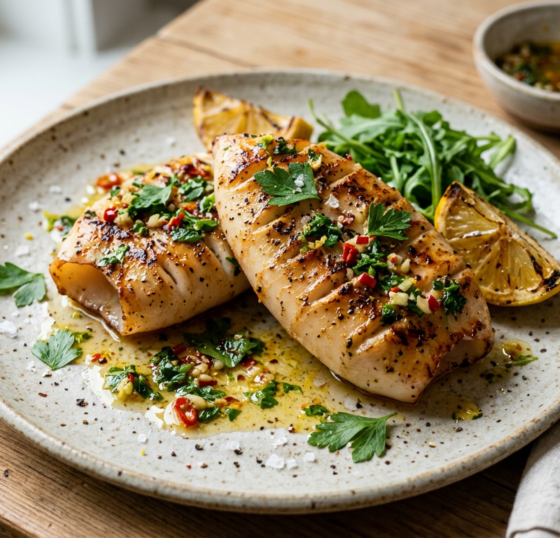 Garlic-Chili Squid Steaks with Lemon Parsley Oil