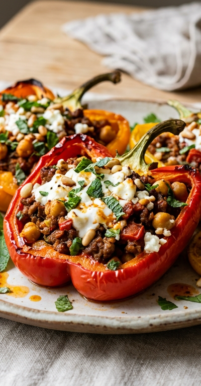 Harissa Lamb and Chickpea Stuffed Peppers