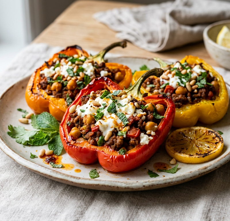Harissa Lamb and Chickpea Stuffed Peppers