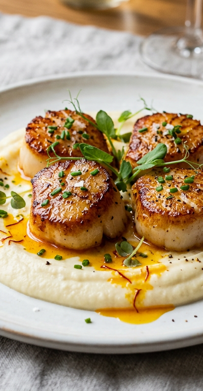 Seared Scallops over Cauliflower Purée with Saffron Oil