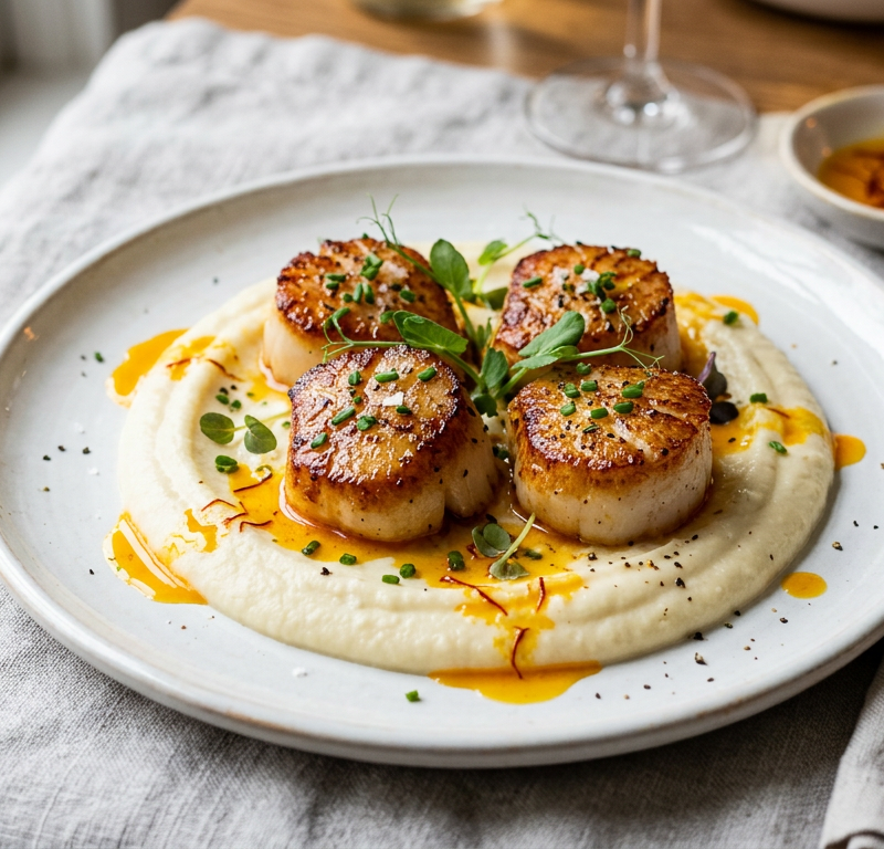 Seared Scallops over Cauliflower Purée with Saffron Oil