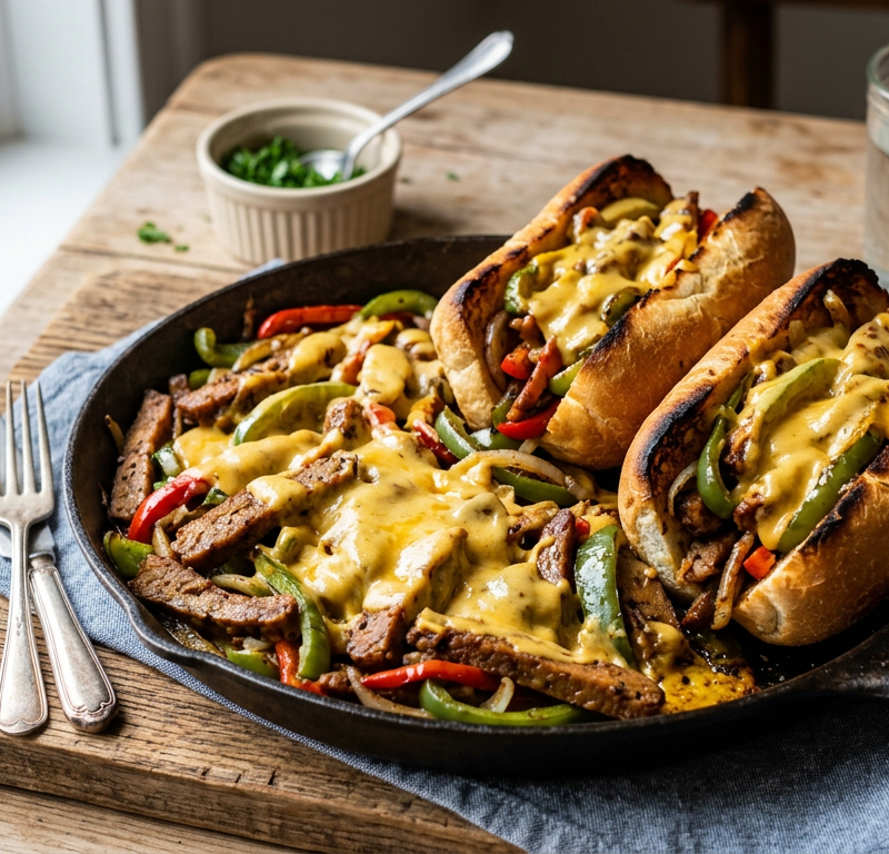 Loaded Vegan Philly Cheesesteak Skillet