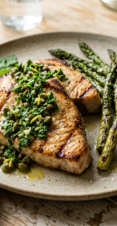 Seared Swordfish with Salsa Verde & Charred Asparagus