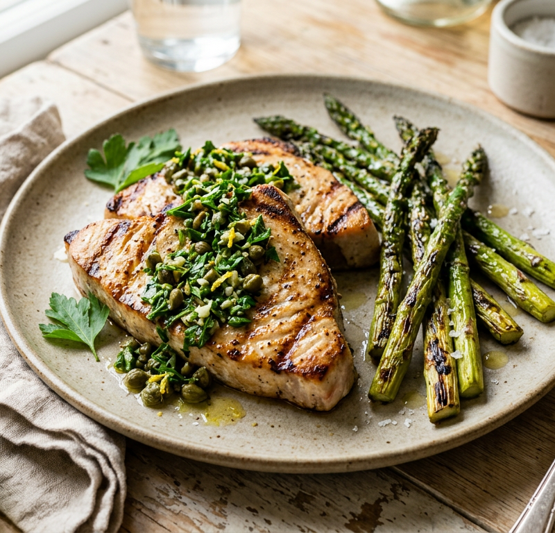 Seared Swordfish with Salsa Verde & Charred Asparagus