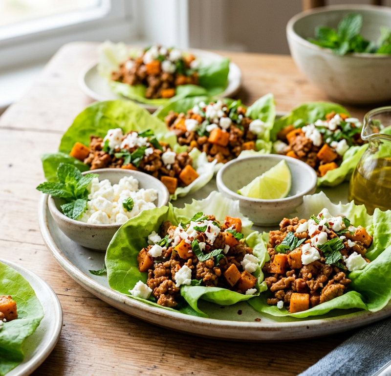 Harissa Turkey and Sweet Potato Lettuce Cups