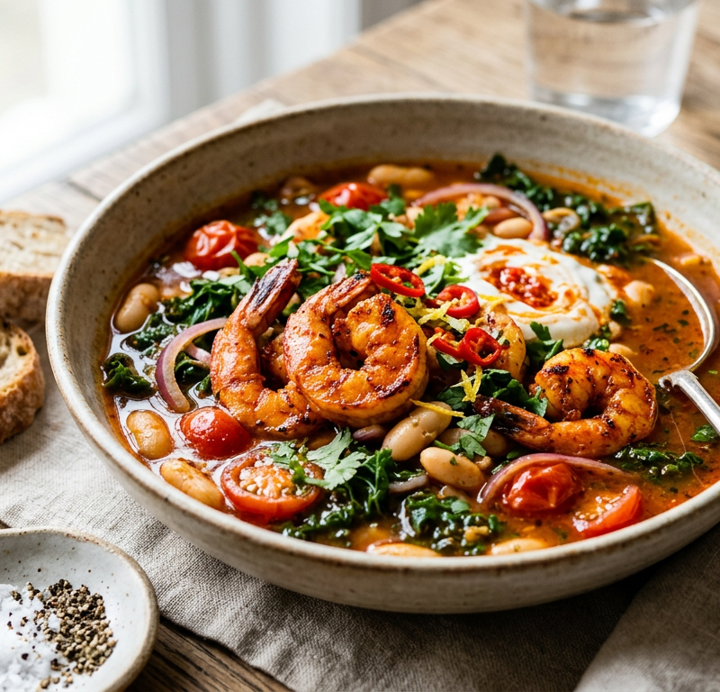Harissa Shrimp & White Bean Brothy Bowl
