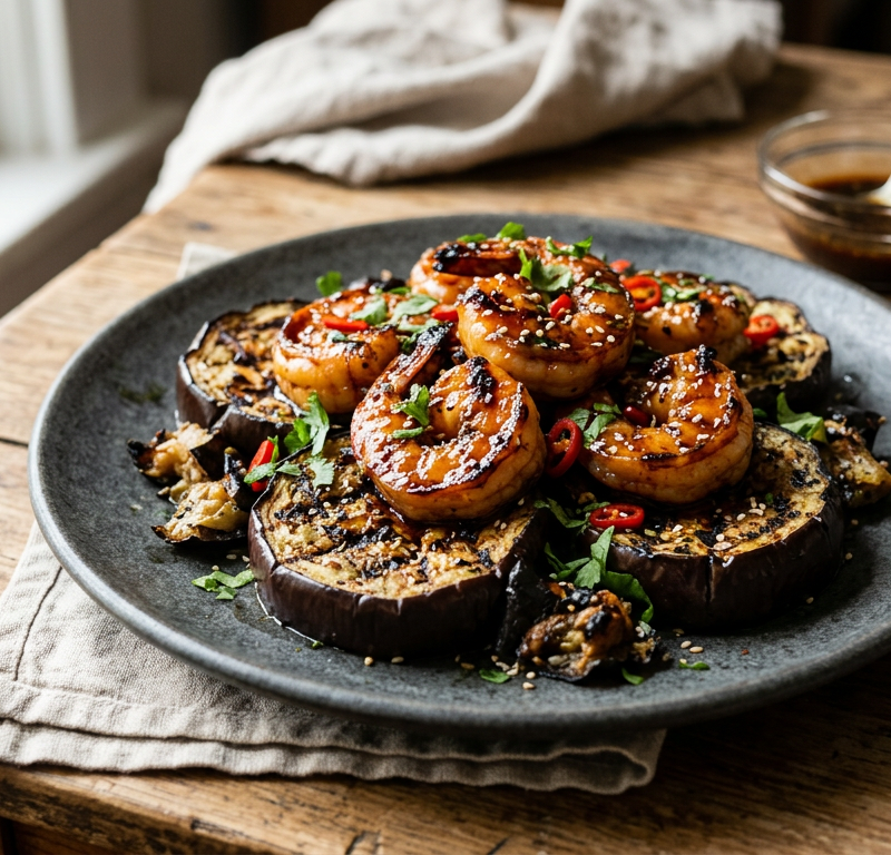Seared Tamarind Shrimp with Charred Eggplant