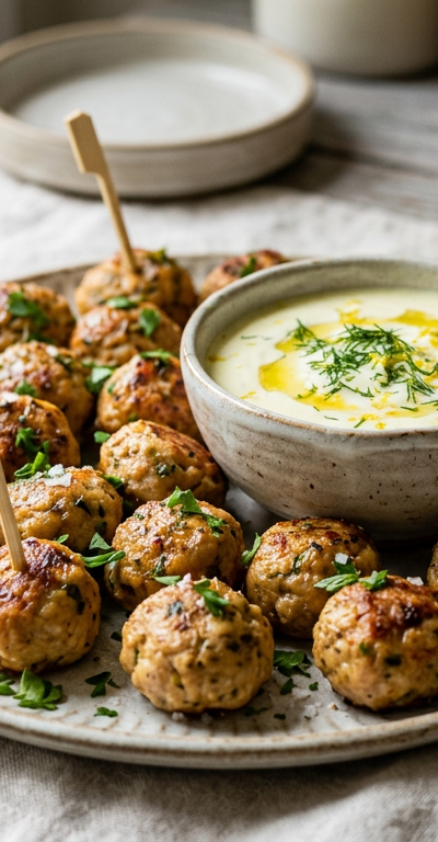 Mini Turkey Meatballs with Lemon-Yogurt Dip