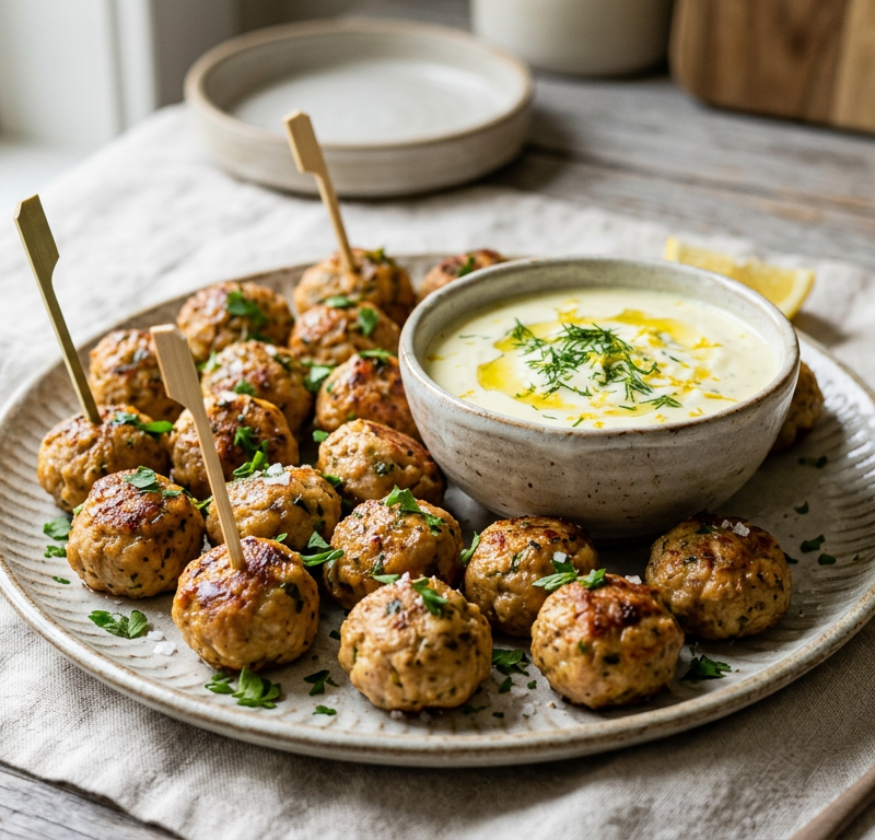 Mini Turkey Meatballs with Lemon-Yogurt Dip