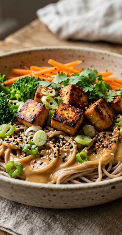 Mellow Miso Soba Noodle Bowl with Crispy Tofu