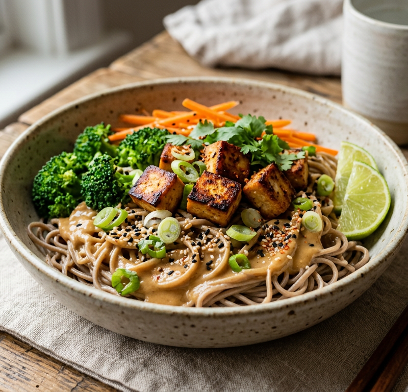 Mellow Miso Soba Noodle Bowl with Crispy Tofu