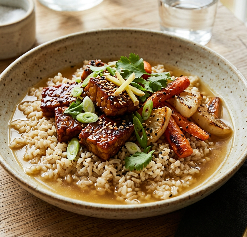 Miso-Glazed Tempeh with Roasted Roots and Ginger Broth over Brown Rice