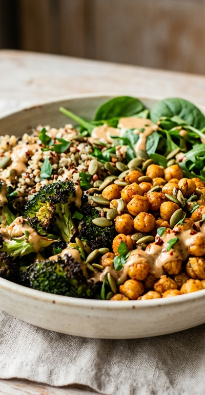 Chickpea & Charred Broccoli Quinoa Bowl with Smoked Paprika Vinaigrette