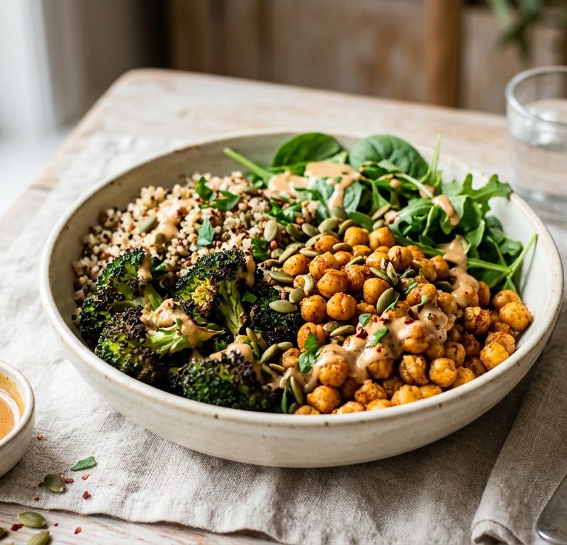Chickpea & Charred Broccoli Quinoa Bowl with Smoked Paprika Vinaigrette