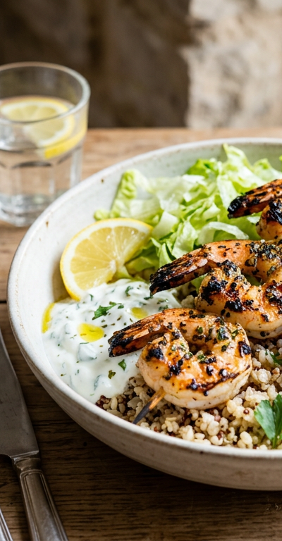 Grilled Shrimp Souvlaki Bowls with Tomato-Cucumber Relish
