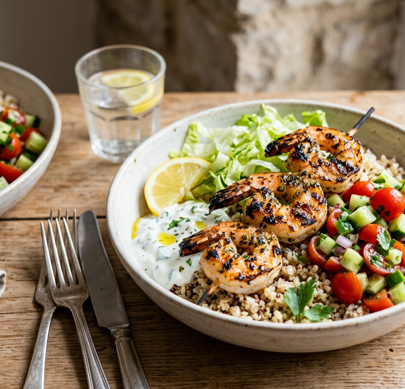 Grilled Shrimp Souvlaki Bowls with Tomato-Cucumber Relish